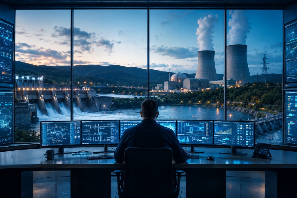 Control room overlooking energy infrastructure