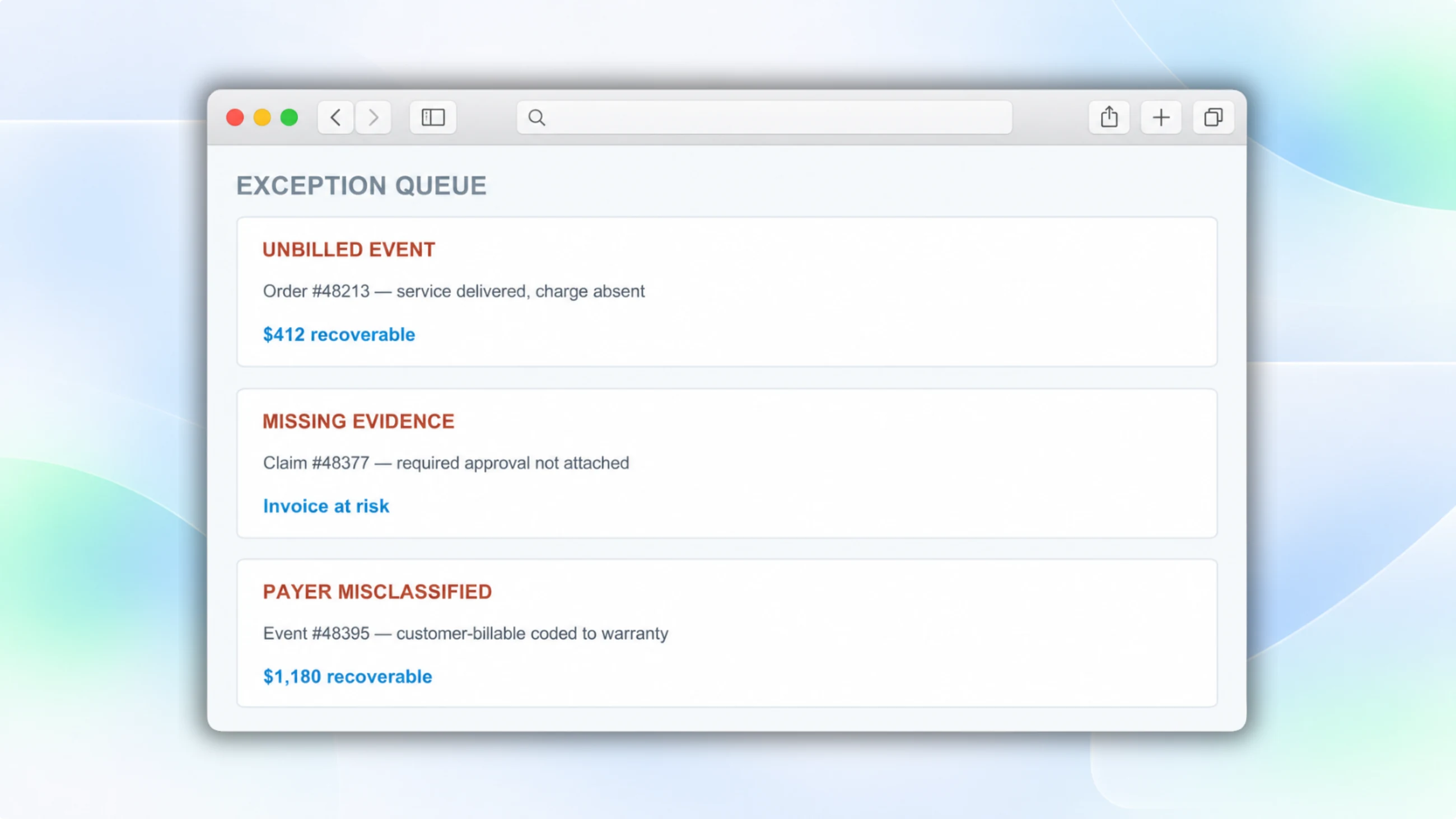 Exception queue showing unbilled events, missing evidence, and misclassified payers